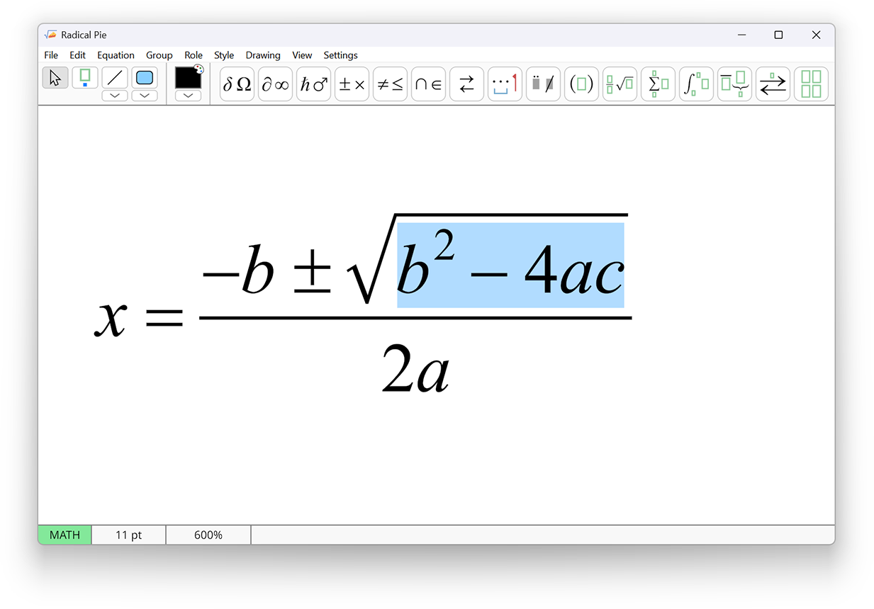 Screenshot from Radical Pie equation editor