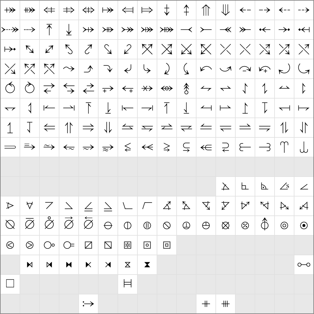 Unicode characters 2900-29FF in the Radical font