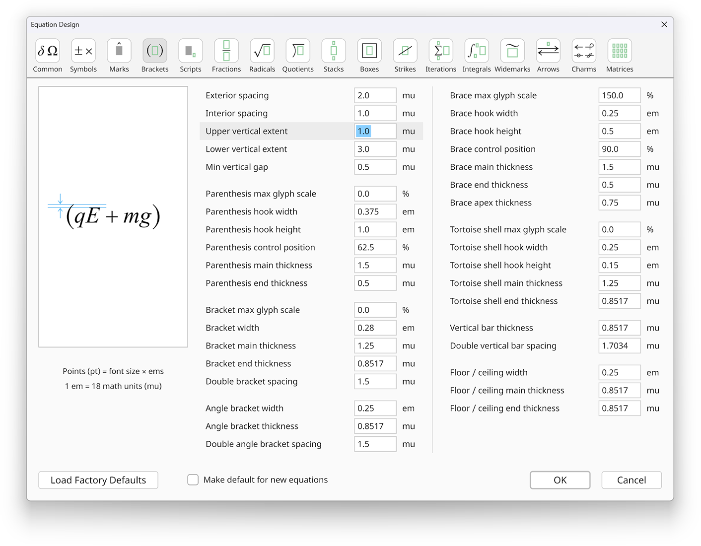 Equation Design dialog in the Radical Pie equation editor