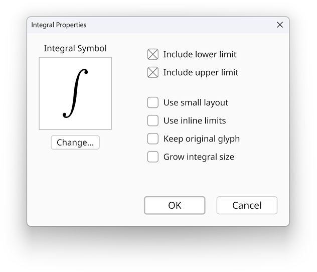 Integral properties dialog in the Radical Pie equation editor