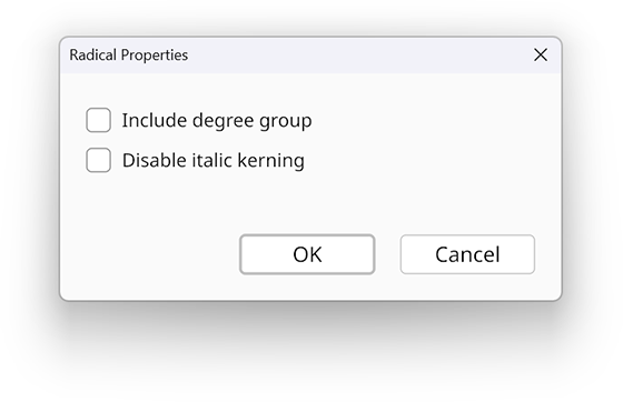 Radical properties dialog in the Radical Pie equation editor
